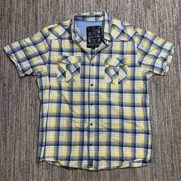 Silver Eight Mens L Button Front Plaid Shirt Blue Yellow Short‎ Sleeve Cotton - Picture 1 of 6